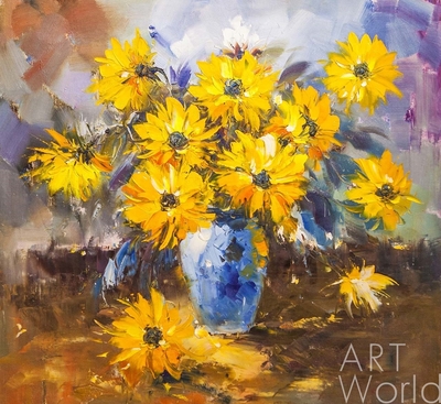 картина масло холст Картина маслом "Букет желтых цветов в синей вазе N2", Потапова Мария Артворлд.ру