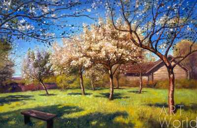 картина масло холст Копия картины "Цветущие яблони", художник Савелий Камский, Левитан Исаак  Артворлд.ру