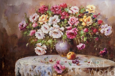 картина масло холст Картина маслом "Букет роз с яблоком и виноградом", Потапова Мария Артворлд.ру