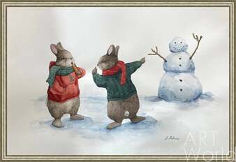 Иллюстрация "Зайцы и снеговик" Артворлд.ру