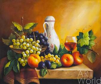 Картина маслом "Натюрморт с виноградом, яблоками и сливой" Артворлд.ру